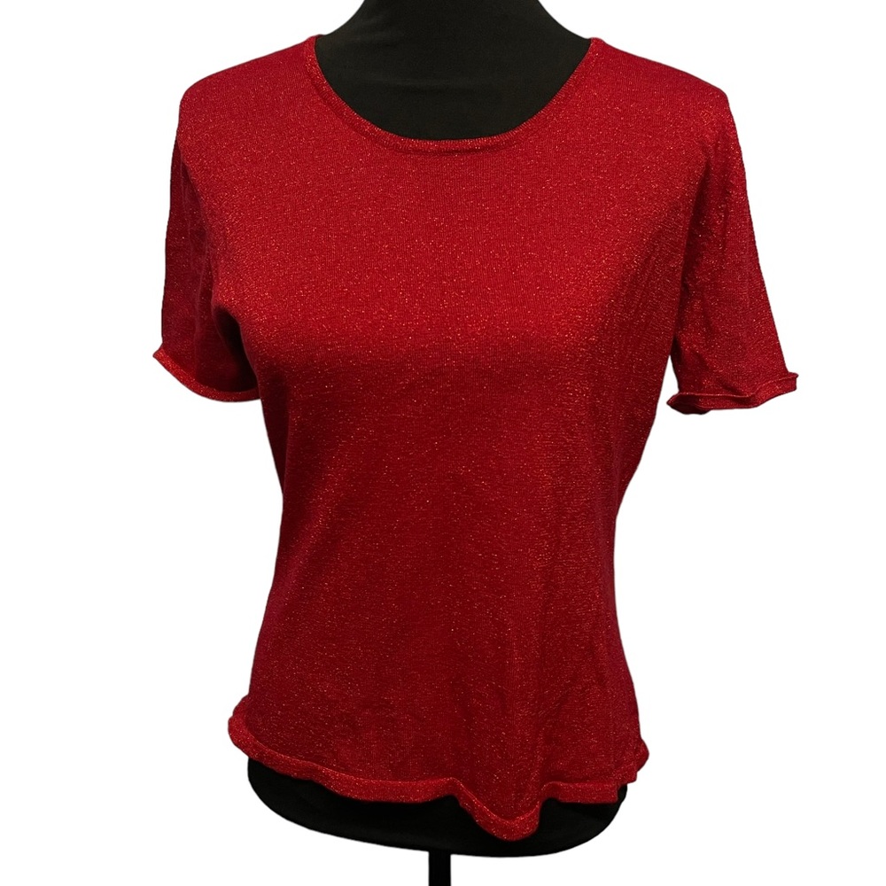 Erena Petite Womens Large Top Red Metallic Sweater Short Sleeves Vintage
